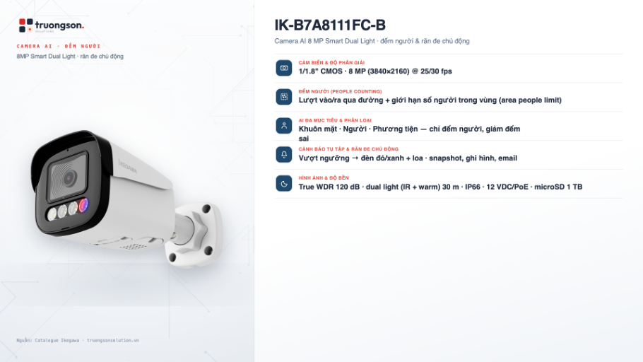 Camera AI đếm người Ikegawa IK-B7A8111FC-B thân trụ 8MP Smart Dual Light