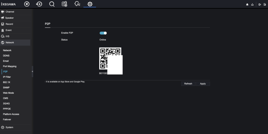 Bật kết nối P2P và quét mã QR để xem camera từ xa trên đầu ghi Ikegawa